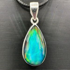 Aurora Opal Sterling Silver 925 Faceted Necklace Pendant Handmade Iridescent